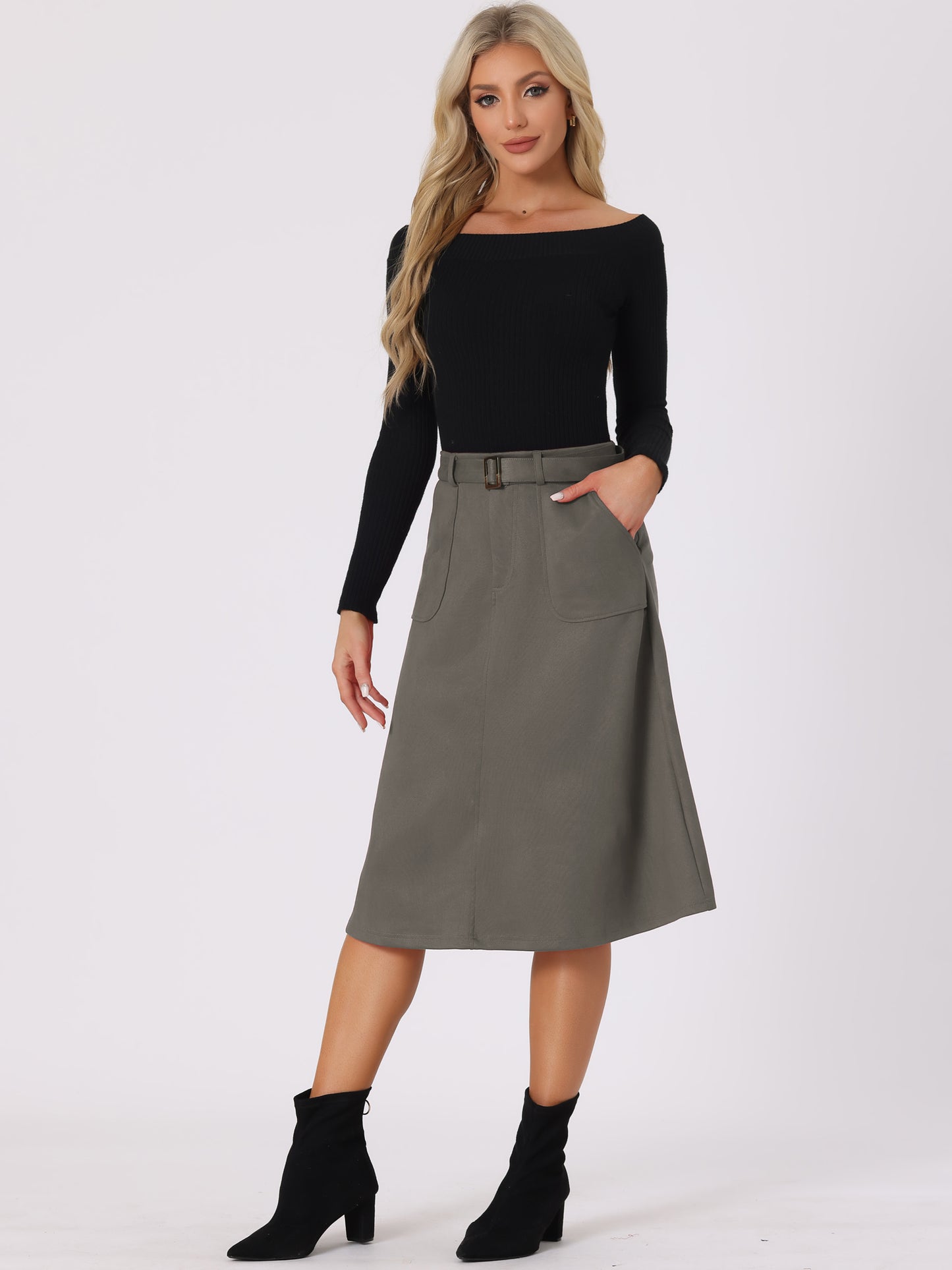 Women's Faux Suede Pockets Stretch A-Line Midi Skirt with Belt (Available in Plus Size)