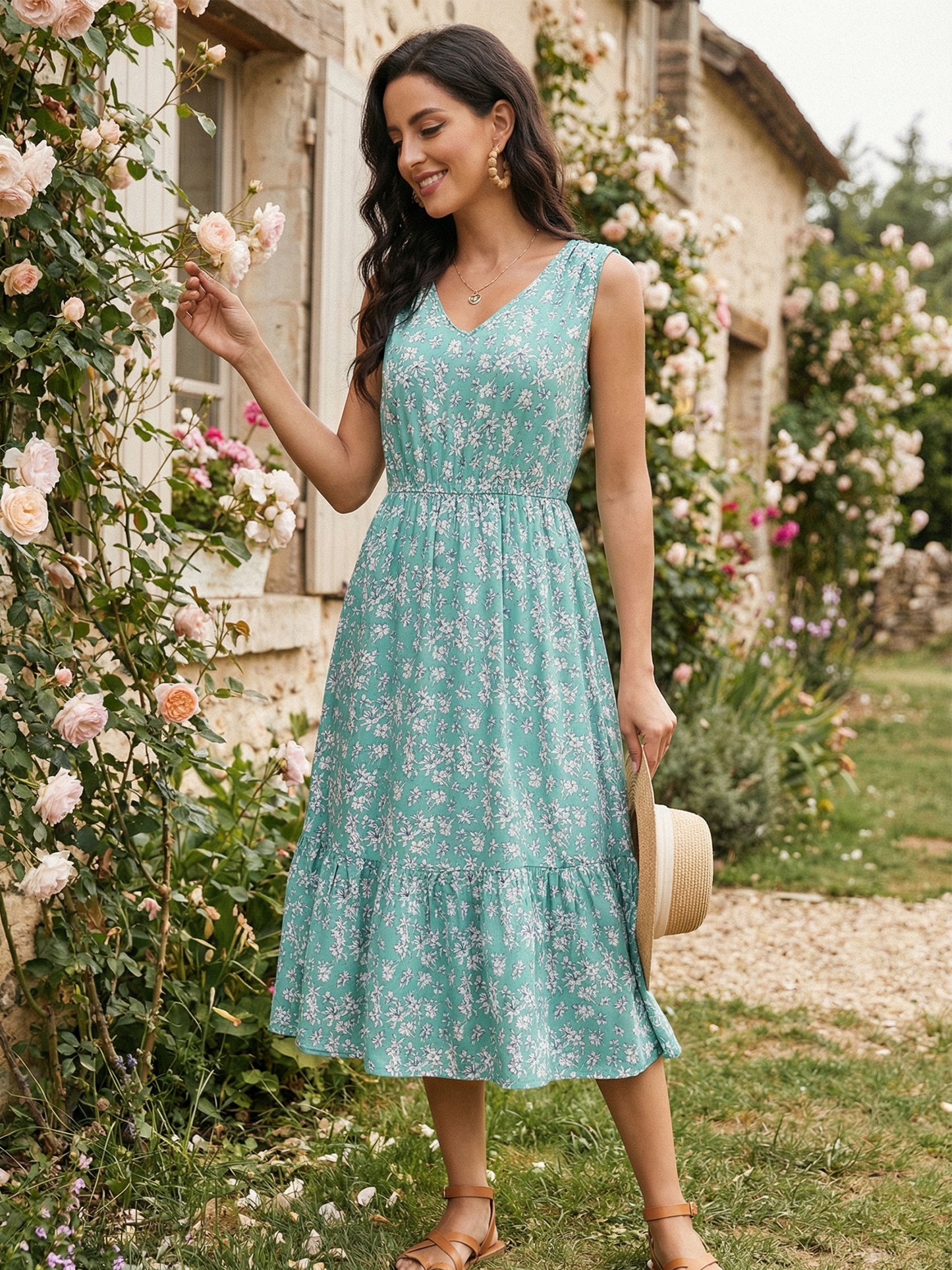 Women's Summer Sleeveless Dresses V Neck Floral Sundress Beach Flowy Midi Dress with Pockets