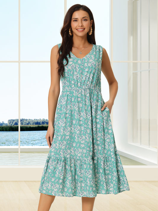 Women's Summer Sleeveless Dresses V Neck Floral Sundress Beach Flowy Midi Dress with Pockets