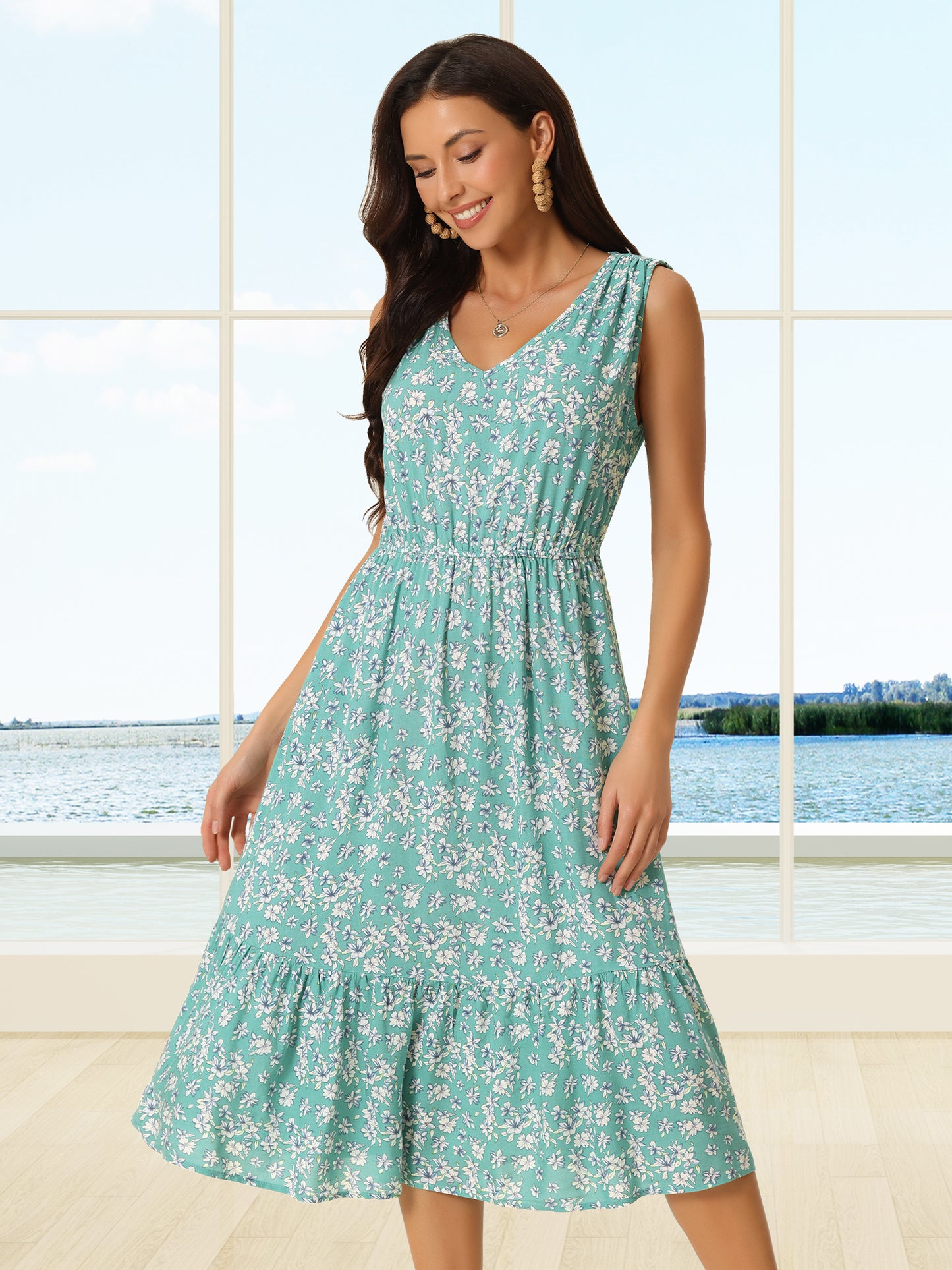 Women's Summer Sleeveless Dresses V Neck Floral Sundress Beach Flowy Midi Dress with Pockets