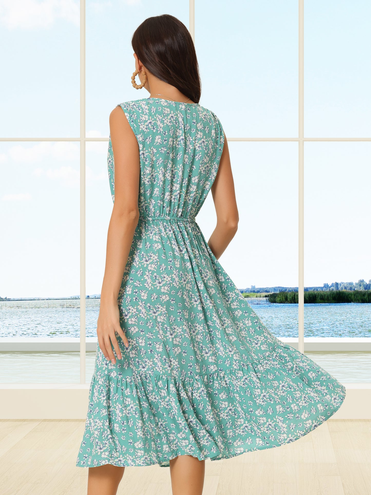 Women's Summer Sleeveless Dresses V Neck Floral Sundress Beach Flowy Midi Dress with Pockets