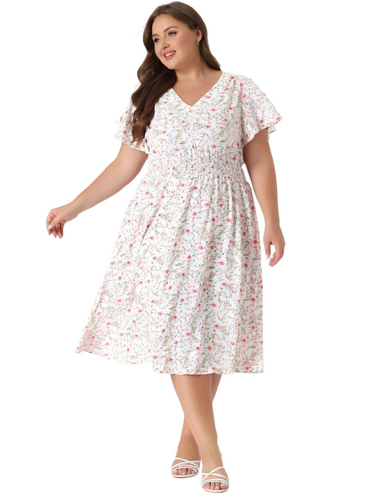 Women's Plus Size Summer Dress Floral Print V Neck Smocked A-Line Flowy Midi Dress