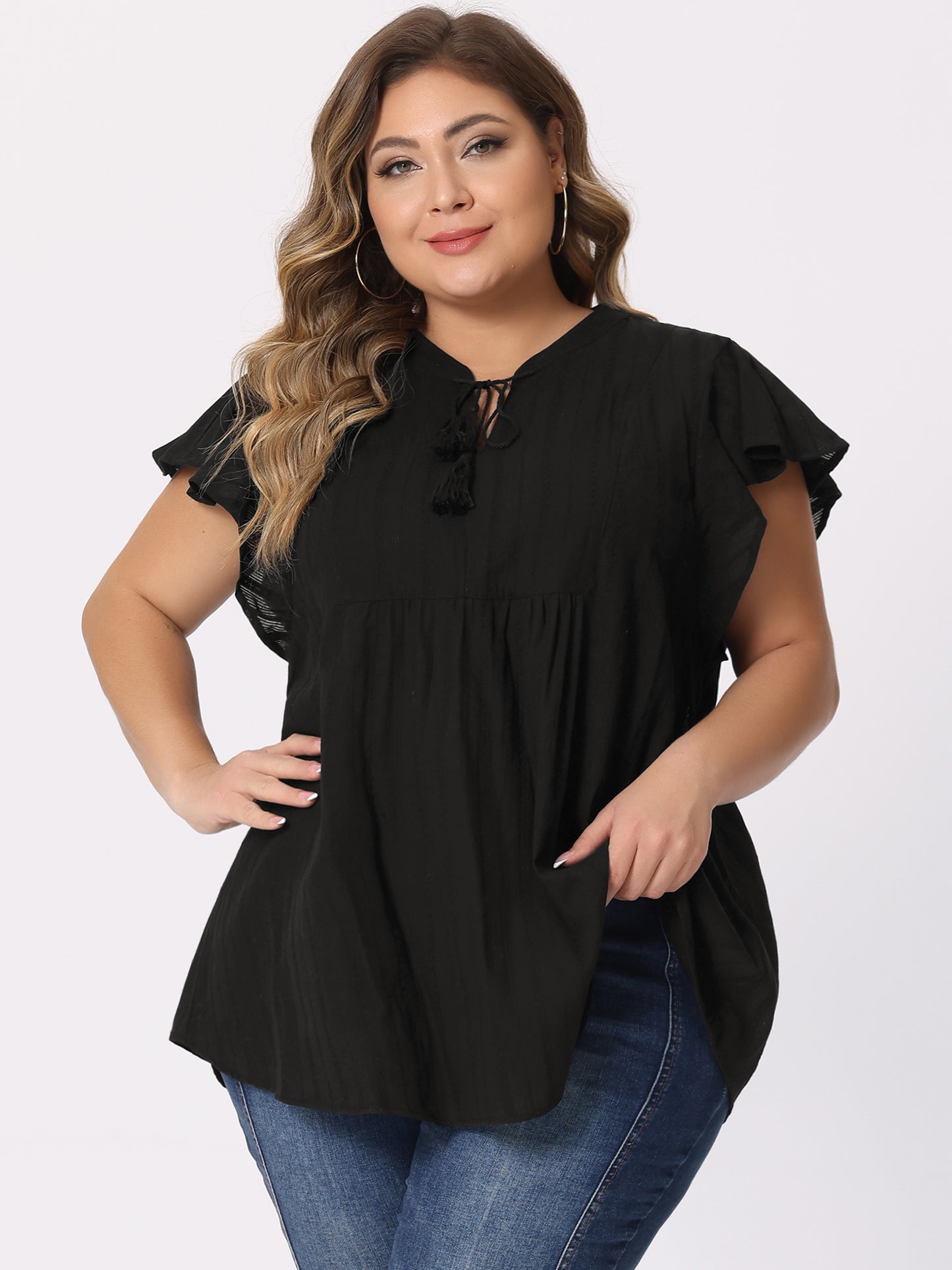 Women Plus Size V Neck Tassel Self Tie Flutter Short Sleeve Blouse Flowy Summer Top