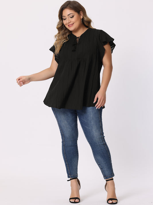 Women Plus Size V Neck Tassel Self Tie Flutter Short Sleeve Blouse Flowy Summer Top