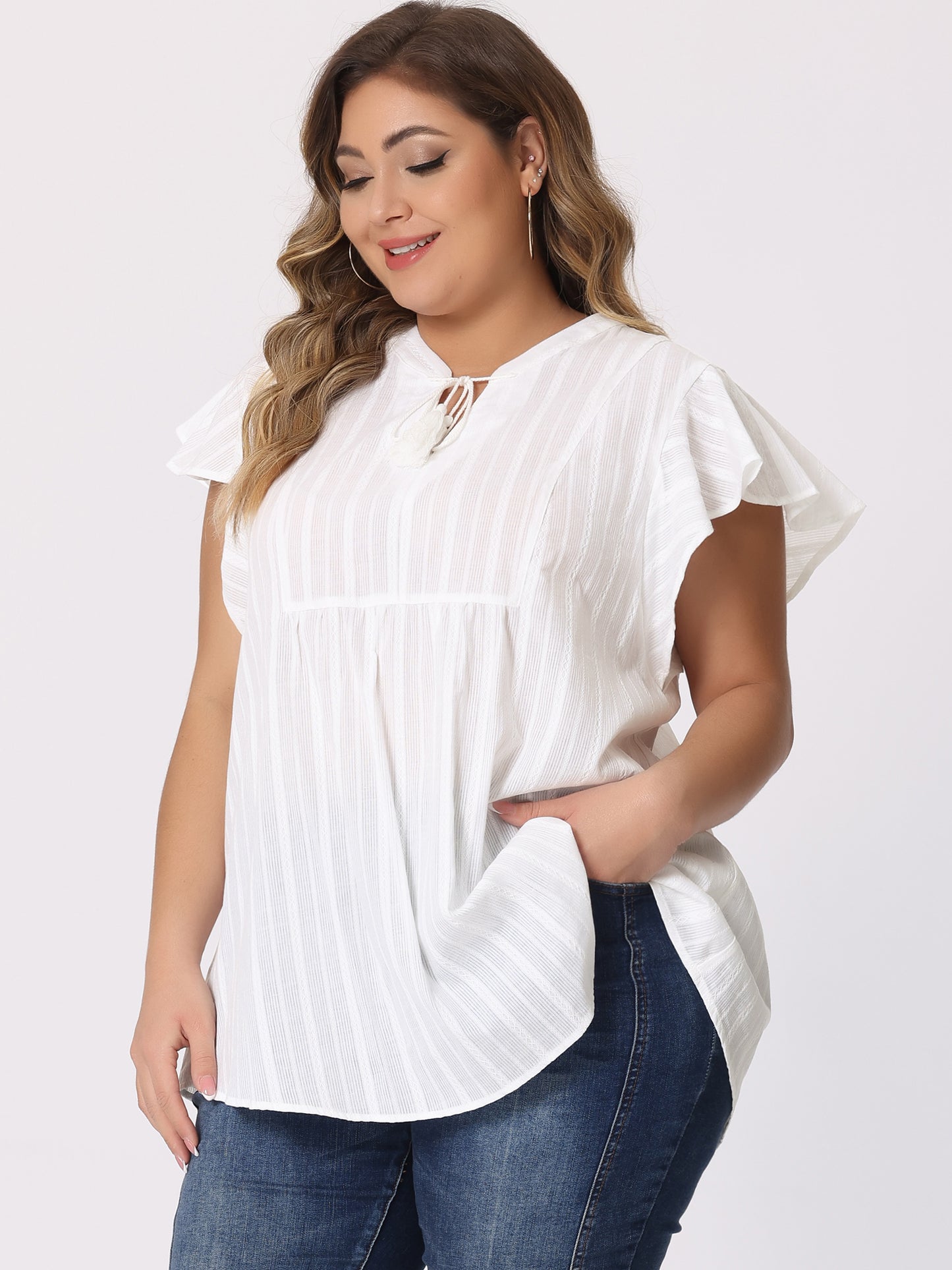 Women Plus Size V Neck Tassel Self Tie Flutter Short Sleeve Blouse Flowy Summer Top