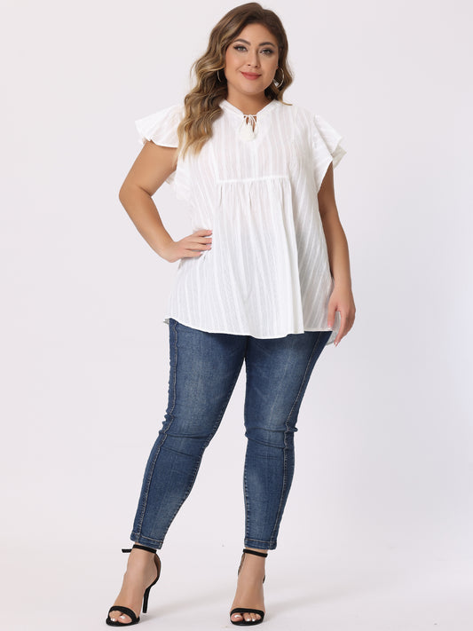 Women Plus Size V Neck Tassel Self Tie Flutter Short Sleeve Blouse Flowy Summer Top