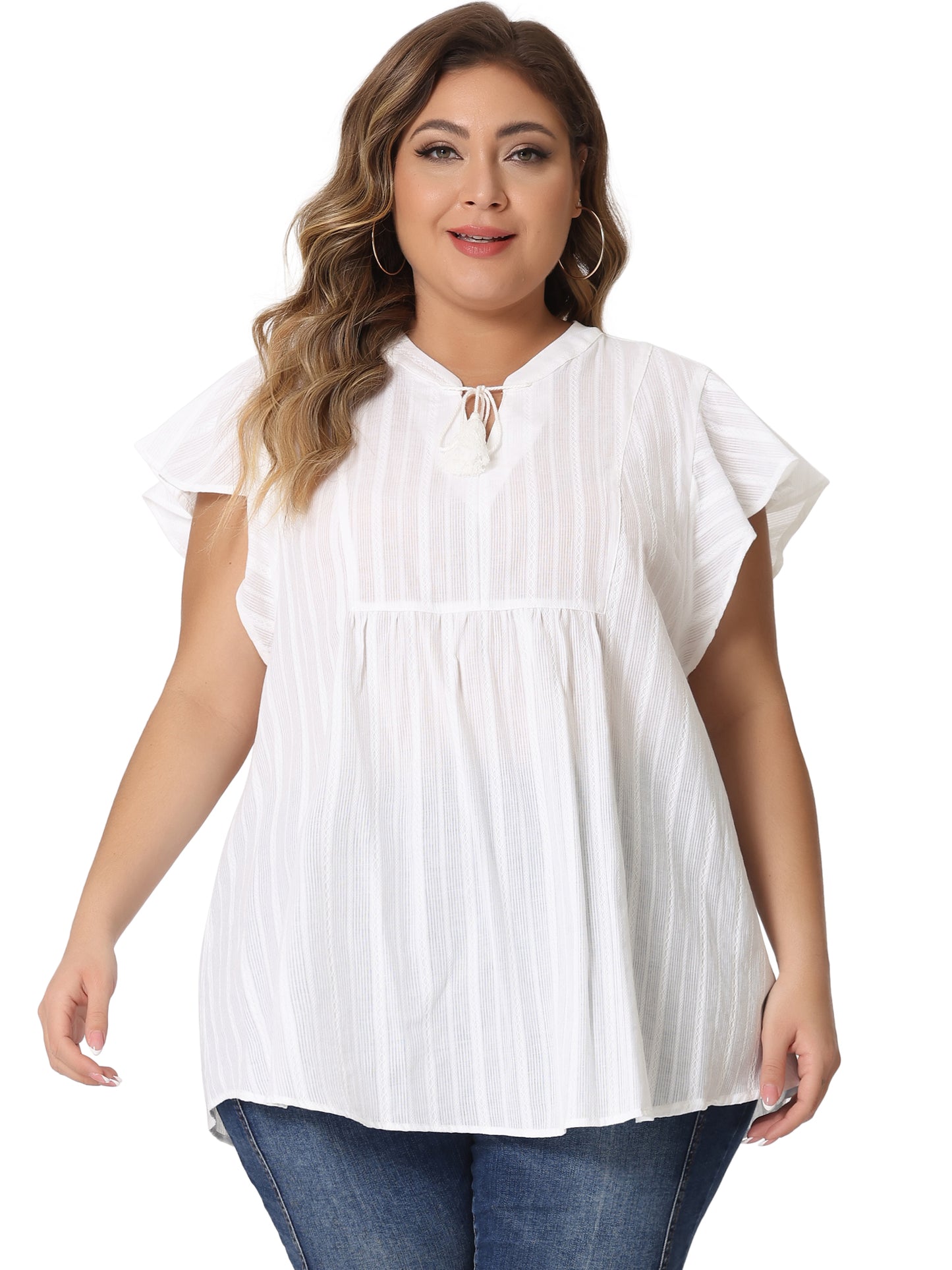 Women Plus Size V Neck Tassel Self Tie Flutter Short Sleeve Blouse Flowy Summer Top