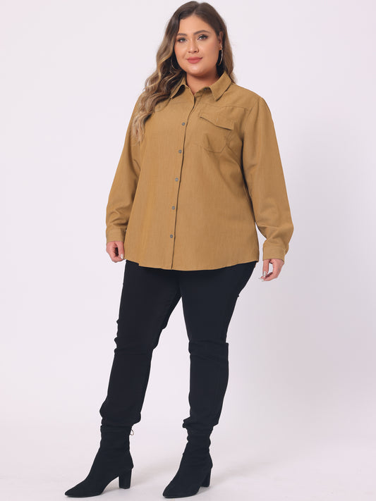 Women's Plus Size Denim Shirt Long Sleeves Chest Pocket Button Down Chambray Shirt