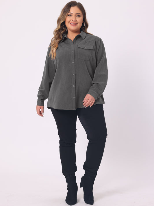 Women's Plus Size Denim Shirt Long Sleeves Chest Pocket Button Down Chambray Shirt