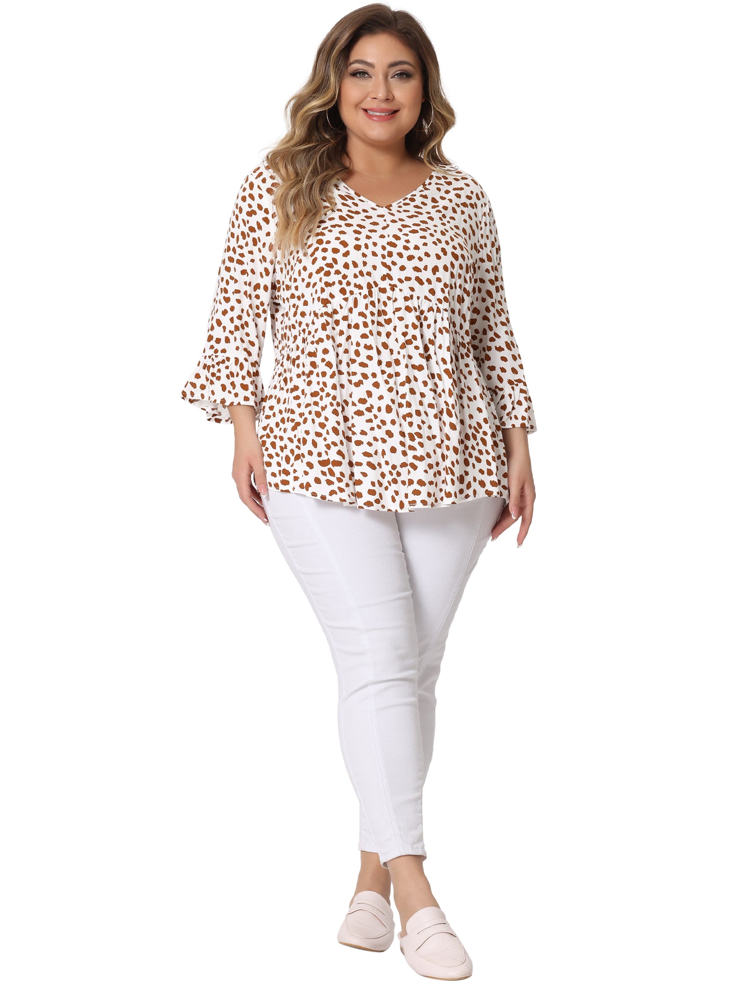 Women Plus Size Polka Dots Blouses V Neck 3/4 Ruffle Sleeve Peplum Top
