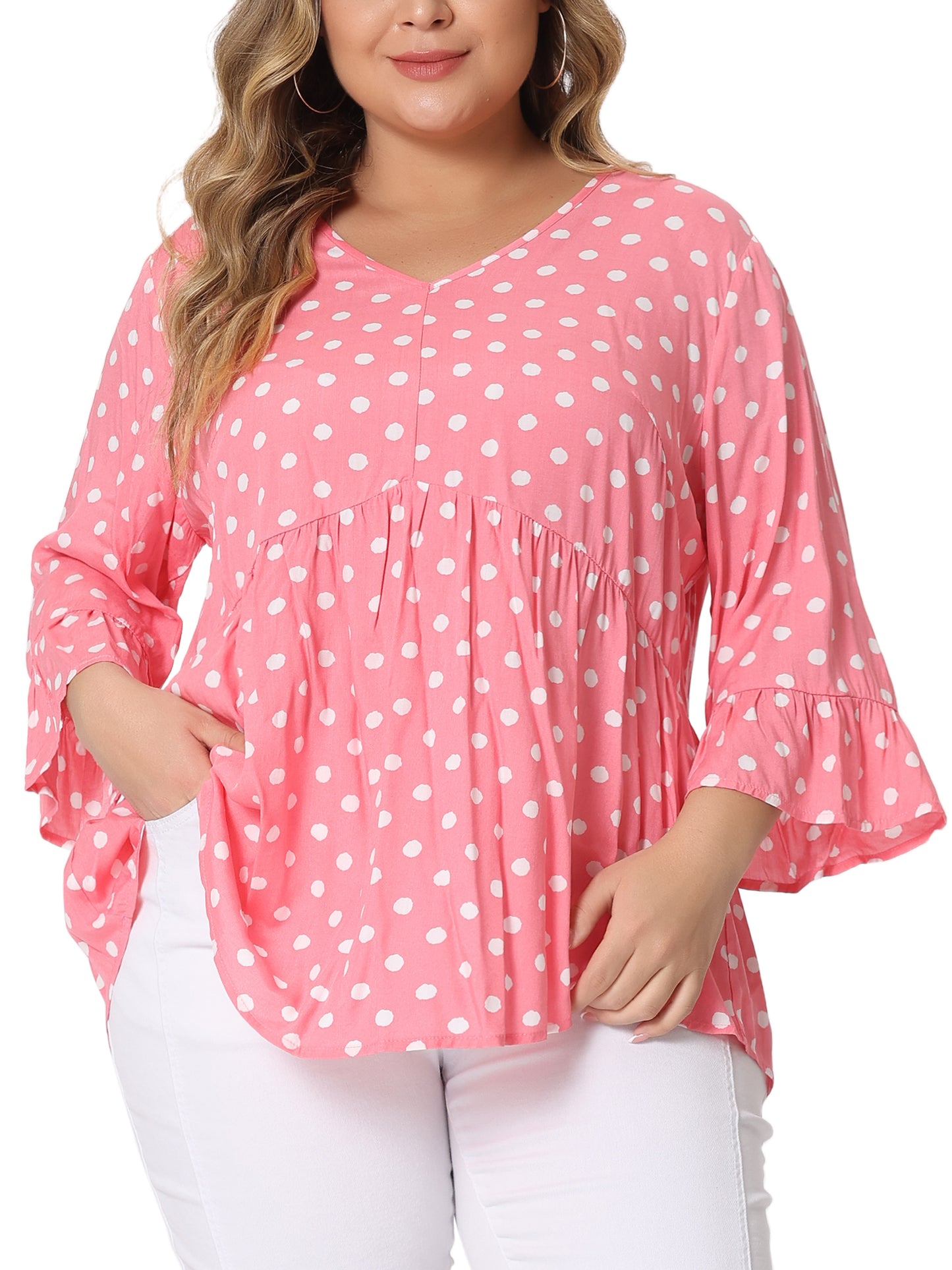 Women Plus Size Polka Dots Blouses V Neck 3/4 Ruffle Sleeve Peplum Top