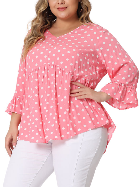 Women Plus Size Polka Dots Blouses V Neck 3/4 Ruffle Sleeve Peplum Top