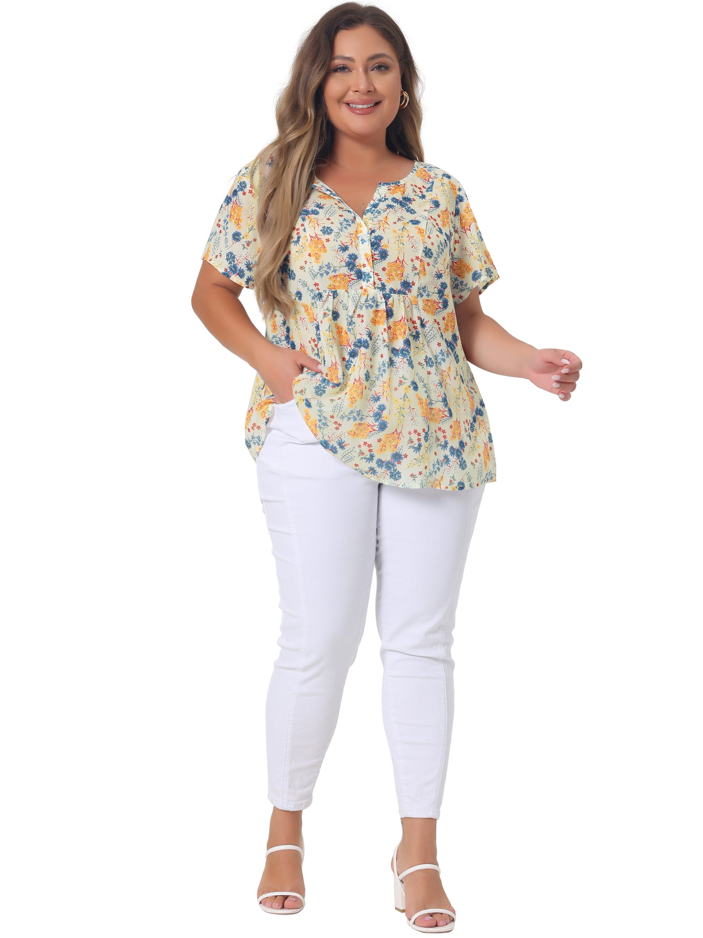 Women's Plus Size Summer Top Floral Half Placket Short Sleeve Blouse