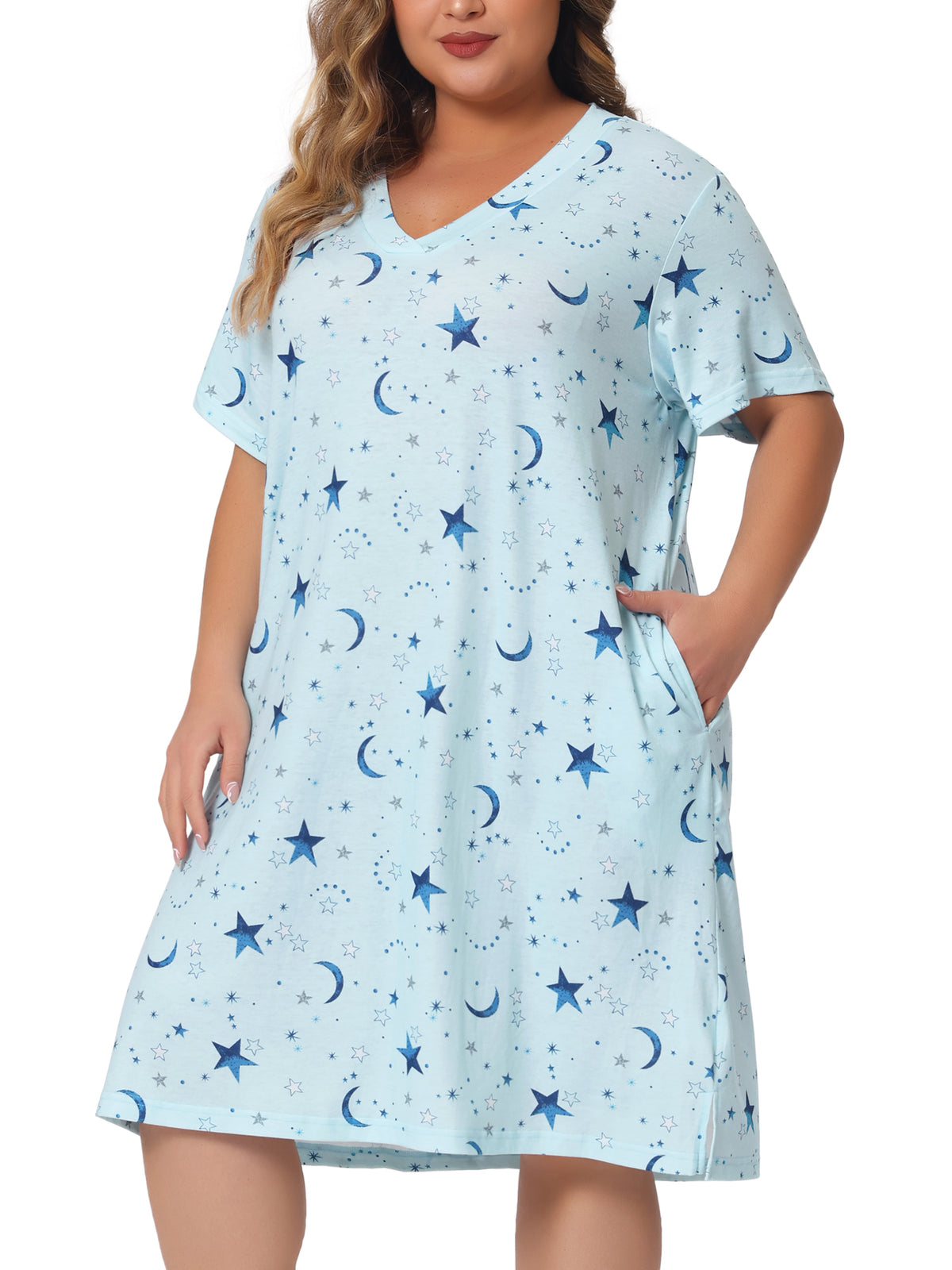 [PACK SALES] Women's Plus Size 2 Pieces Short Sleeve V Neck Star Moon Pattern Sleepshirt