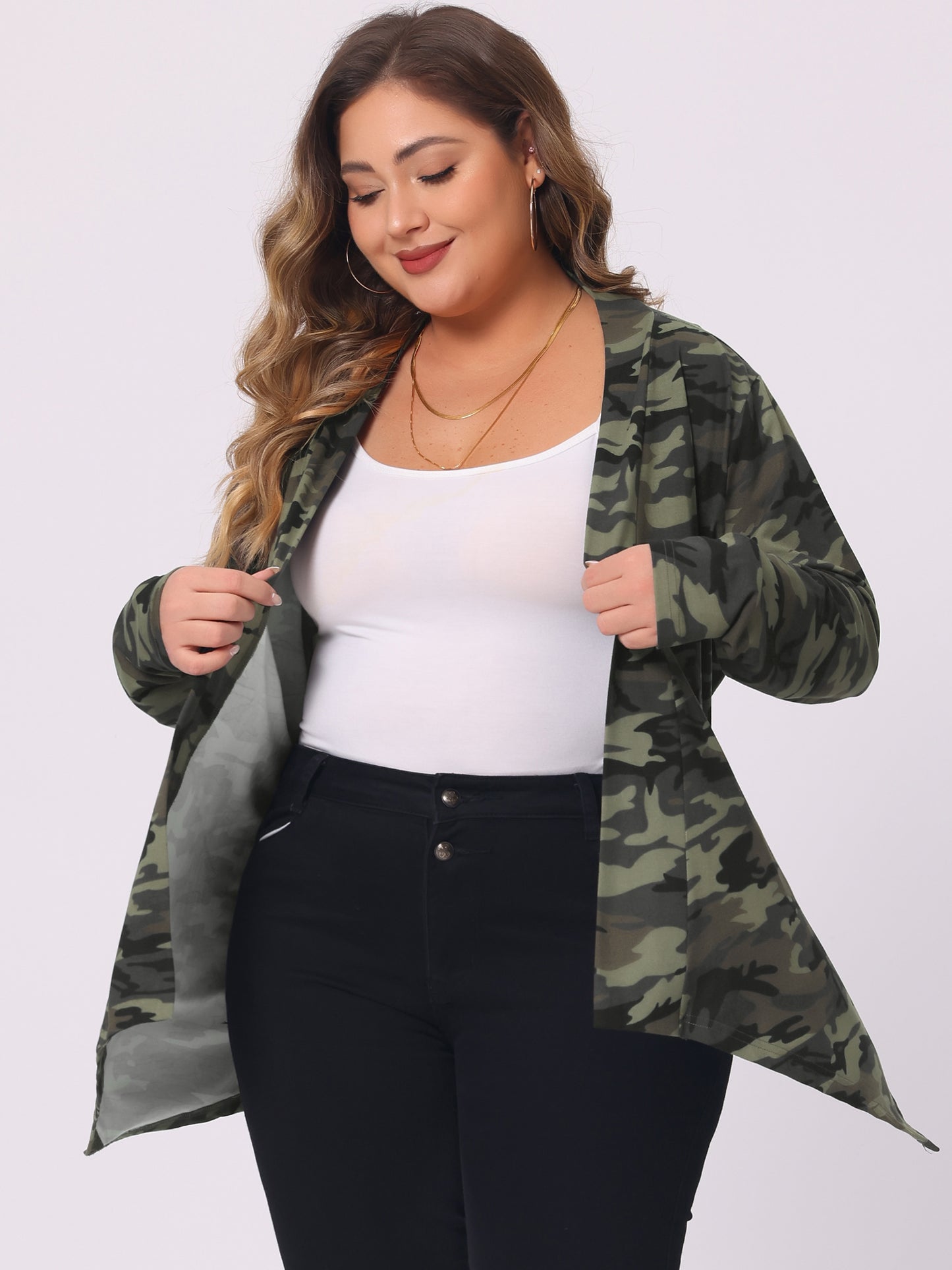 Women's Plus Size Cardigans Open Front Asymmetric Hem Printed Lightweight Jacket Fall Knit Cardigan
