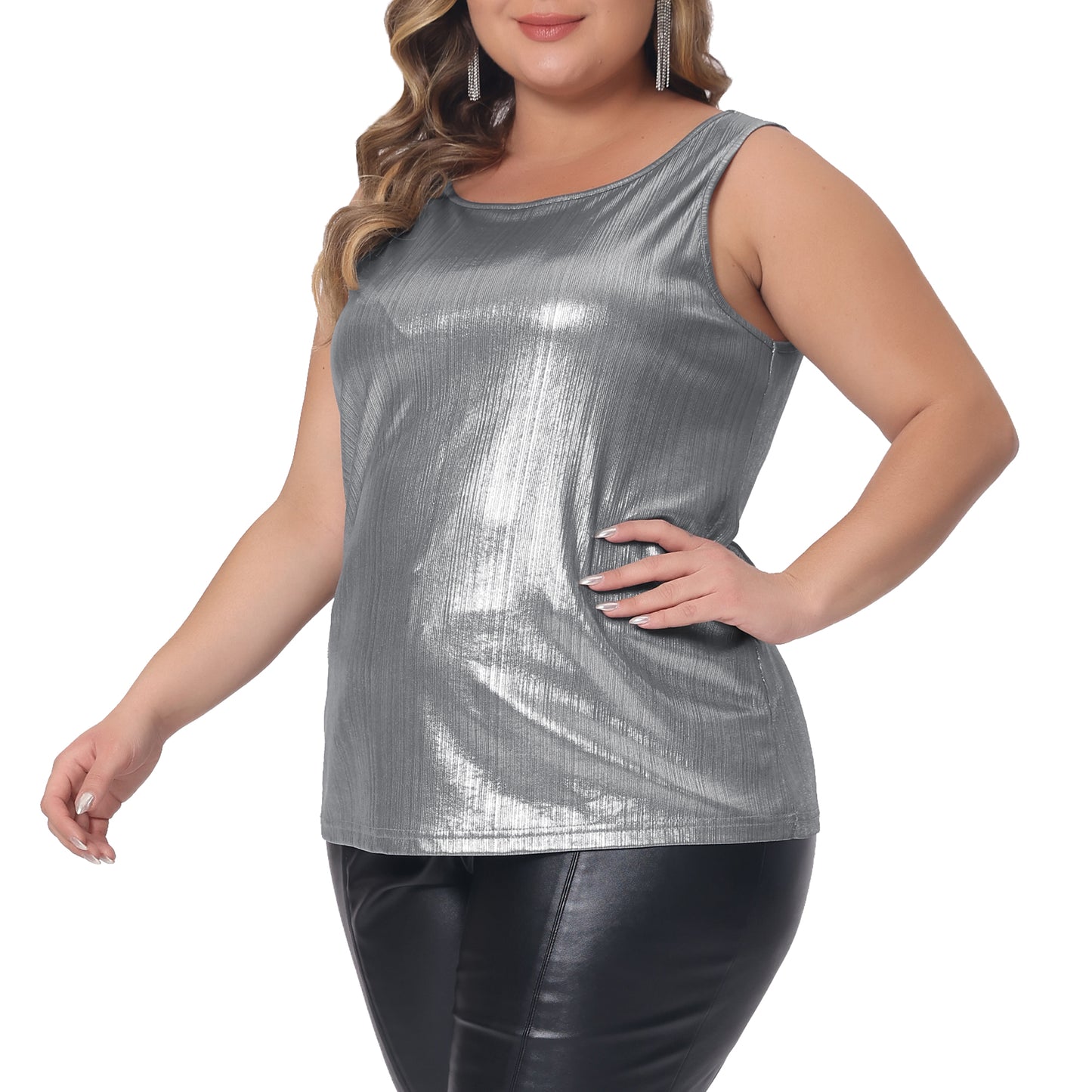 Women Plus Size Tops Scoop Neck Sleeveless Party Clubwear Holographic Shiny Metallic Tank Top