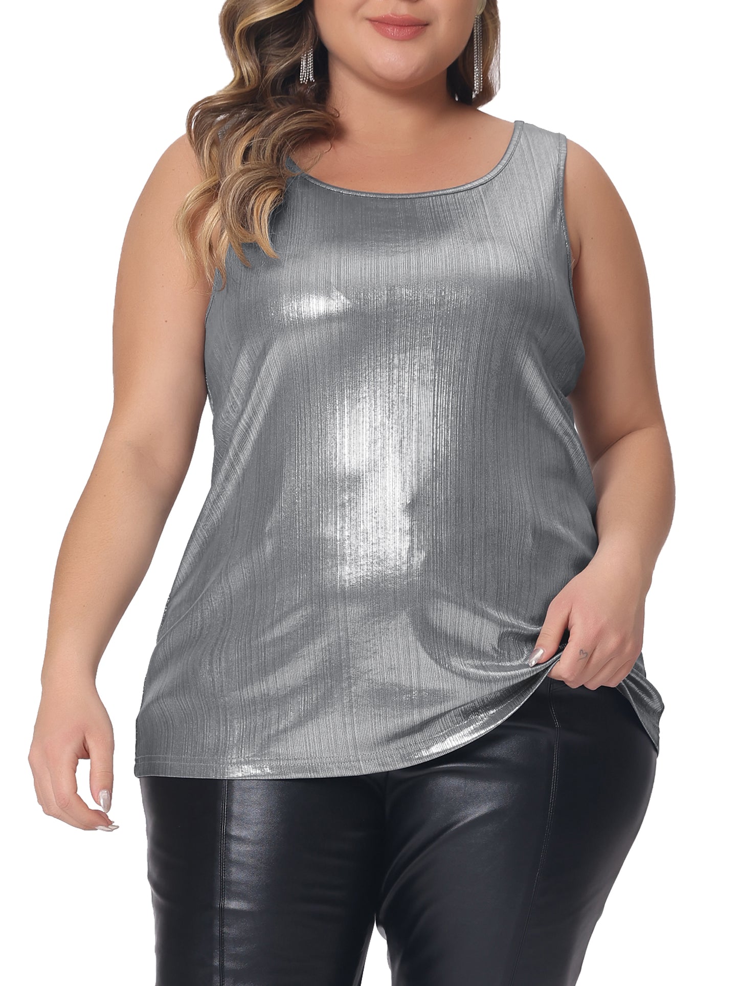 Women Plus Size Tops Scoop Neck Sleeveless Party Clubwear Holographic Shiny Metallic Tank Top