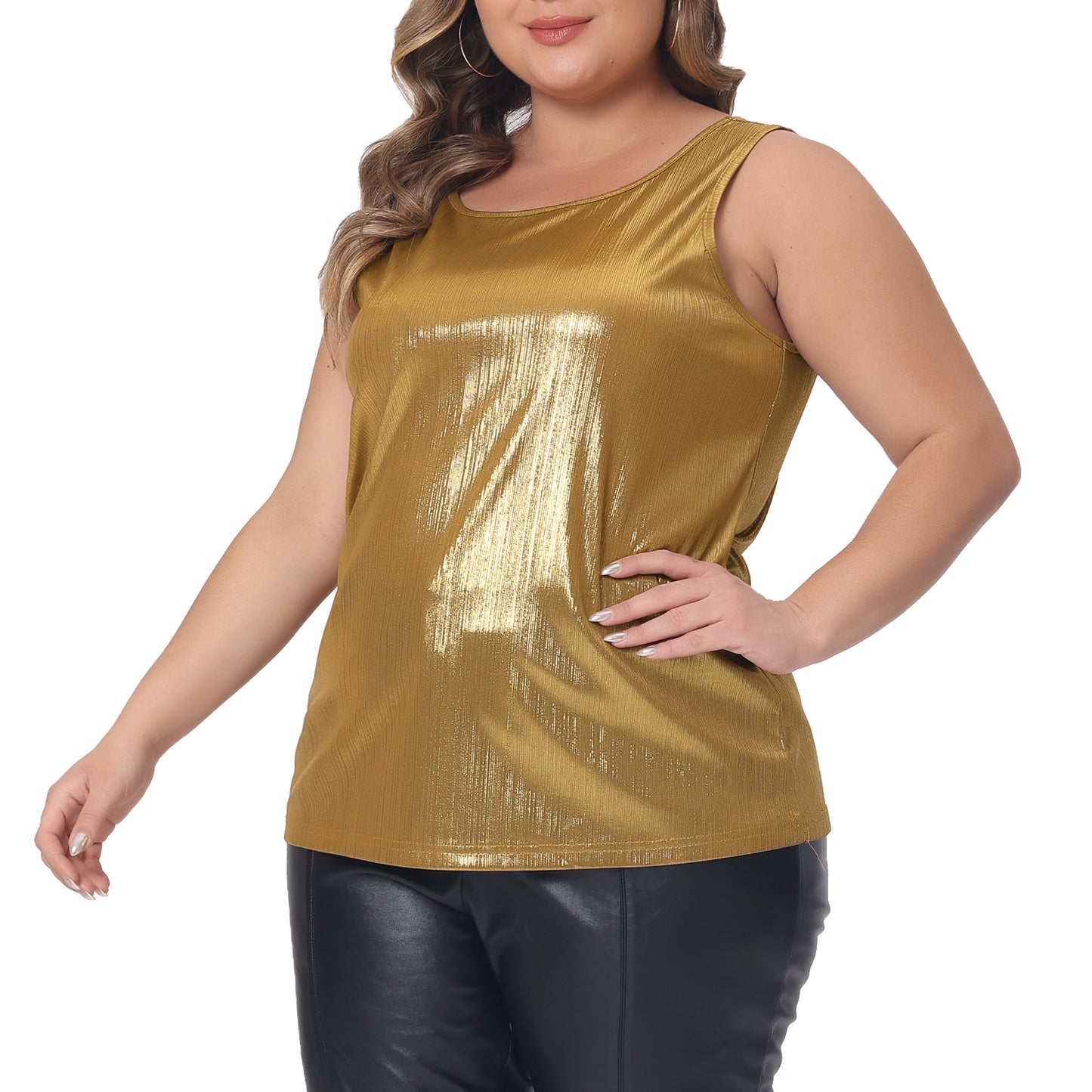 Women Plus Size Tops Scoop Neck Sleeveless Party Clubwear Holographic Shiny Metallic Tank Top