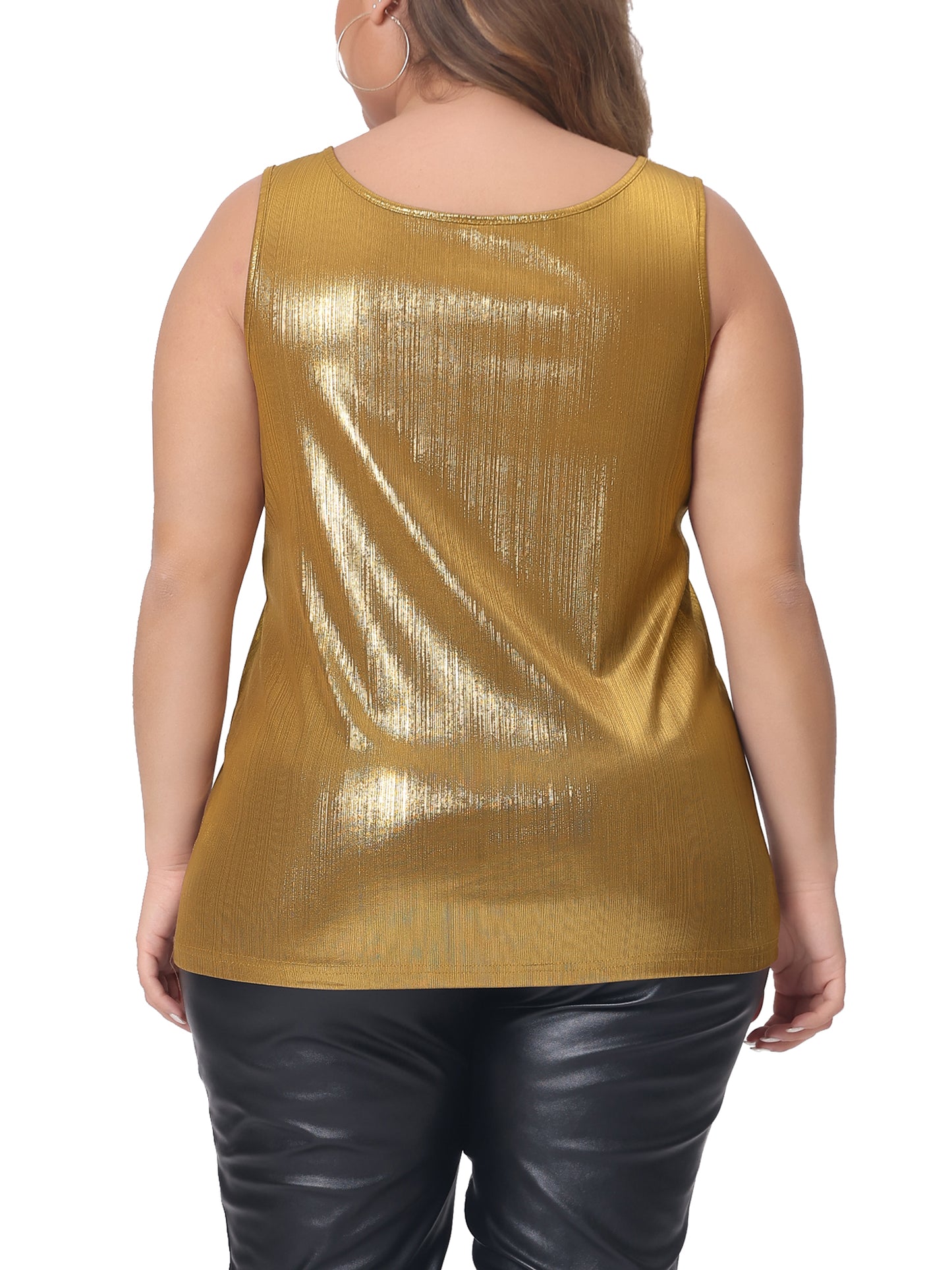 Women Plus Size Tops Scoop Neck Sleeveless Party Clubwear Holographic Shiny Metallic Tank Top