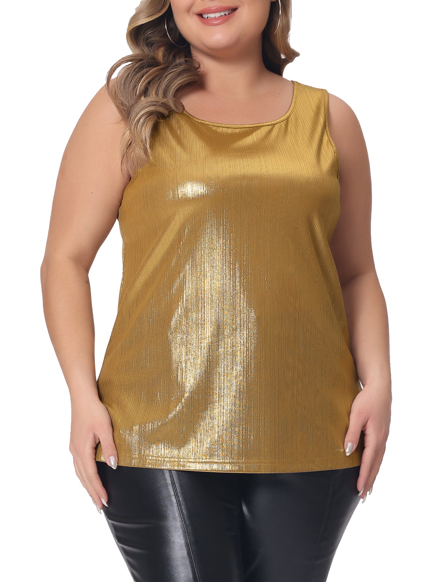 Women Plus Size Tops Scoop Neck Sleeveless Party Clubwear Holographic Shiny Metallic Tank Top