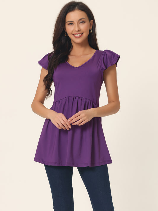 Women's Tunics T Shirt Ruffle Short Sleeve Flowy Hide Belly V Neck Babydoll Top