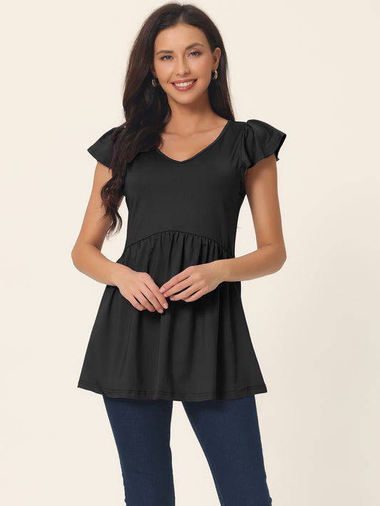 Women's Tunics T Shirt Ruffle Short Sleeve Flowy Hide Belly V Neck Babydoll Top