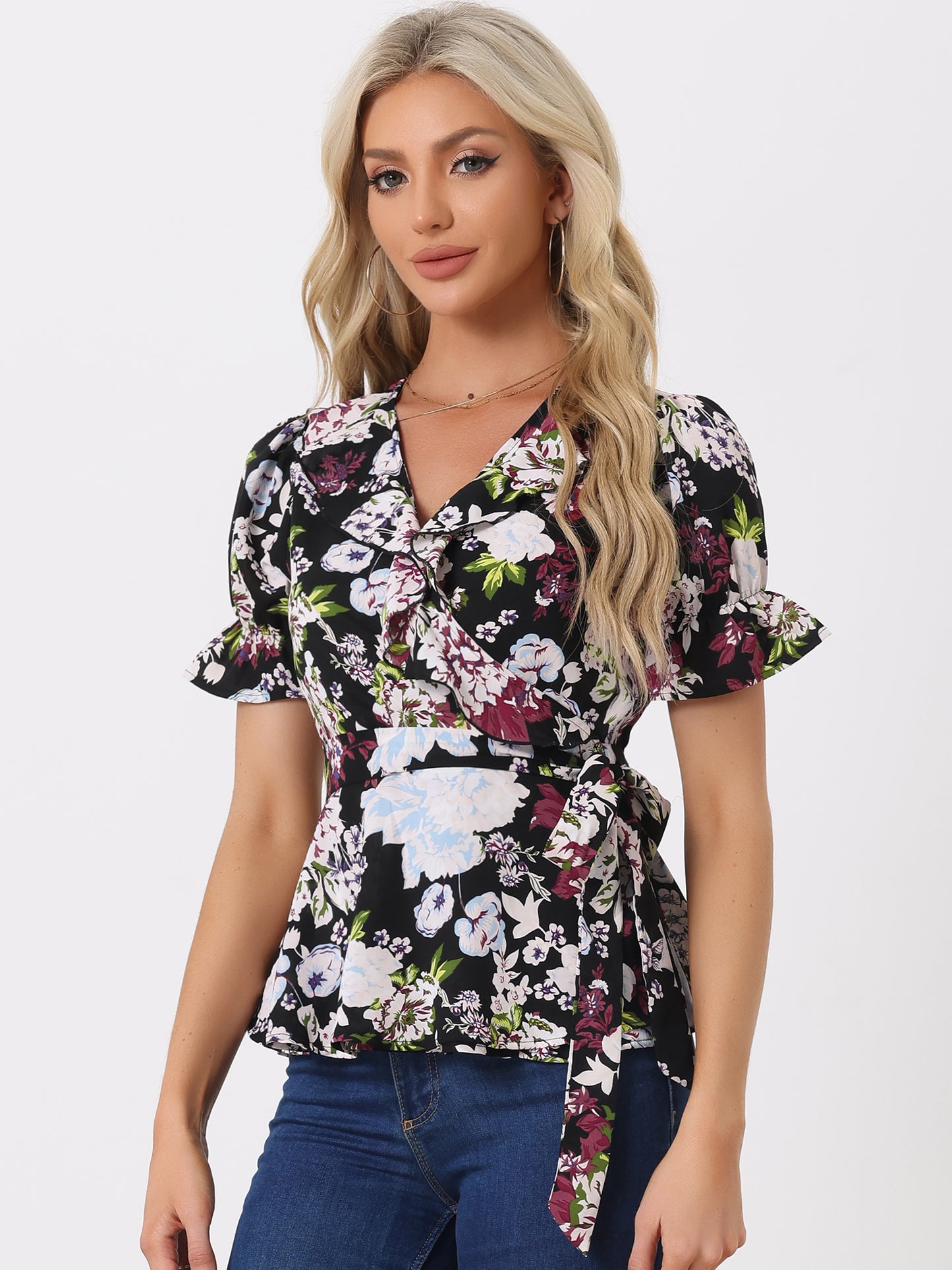 Women's Wrap Blouse Floral Short Sleeve Ruffle V Neck Belted Peplum Top