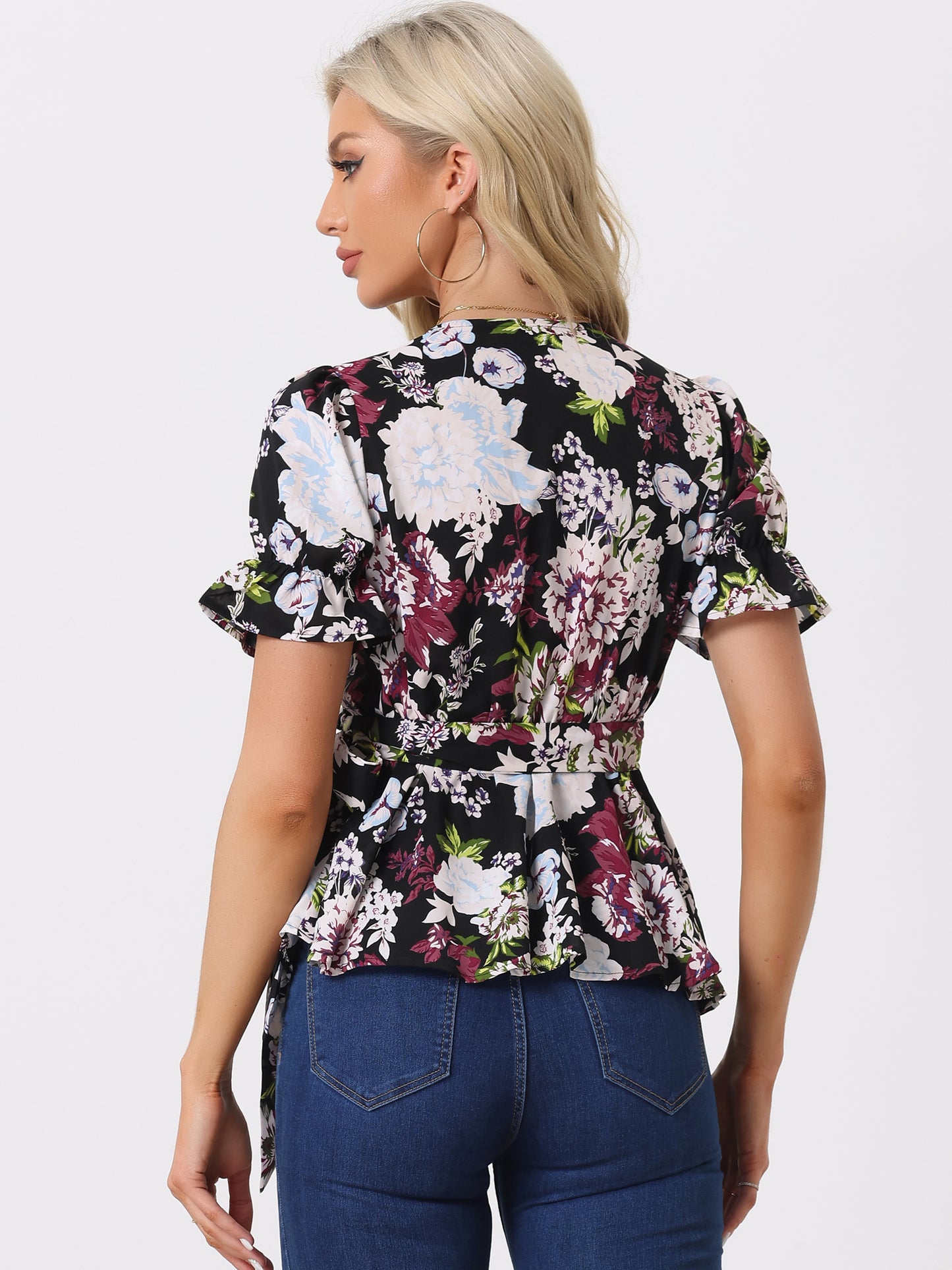 Women's Wrap Blouse Floral Short Sleeve Ruffle V Neck Belted Peplum Top