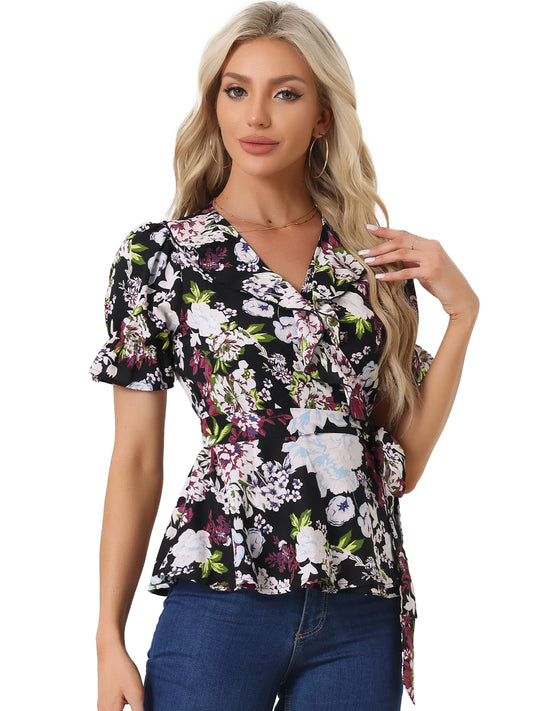 Women's Wrap Blouse Floral Short Sleeve Ruffle V Neck Belted Peplum Top