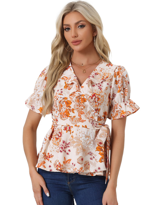 Women's Wrap Blouse Floral Short Sleeve Ruffle V Neck Belted Peplum Top