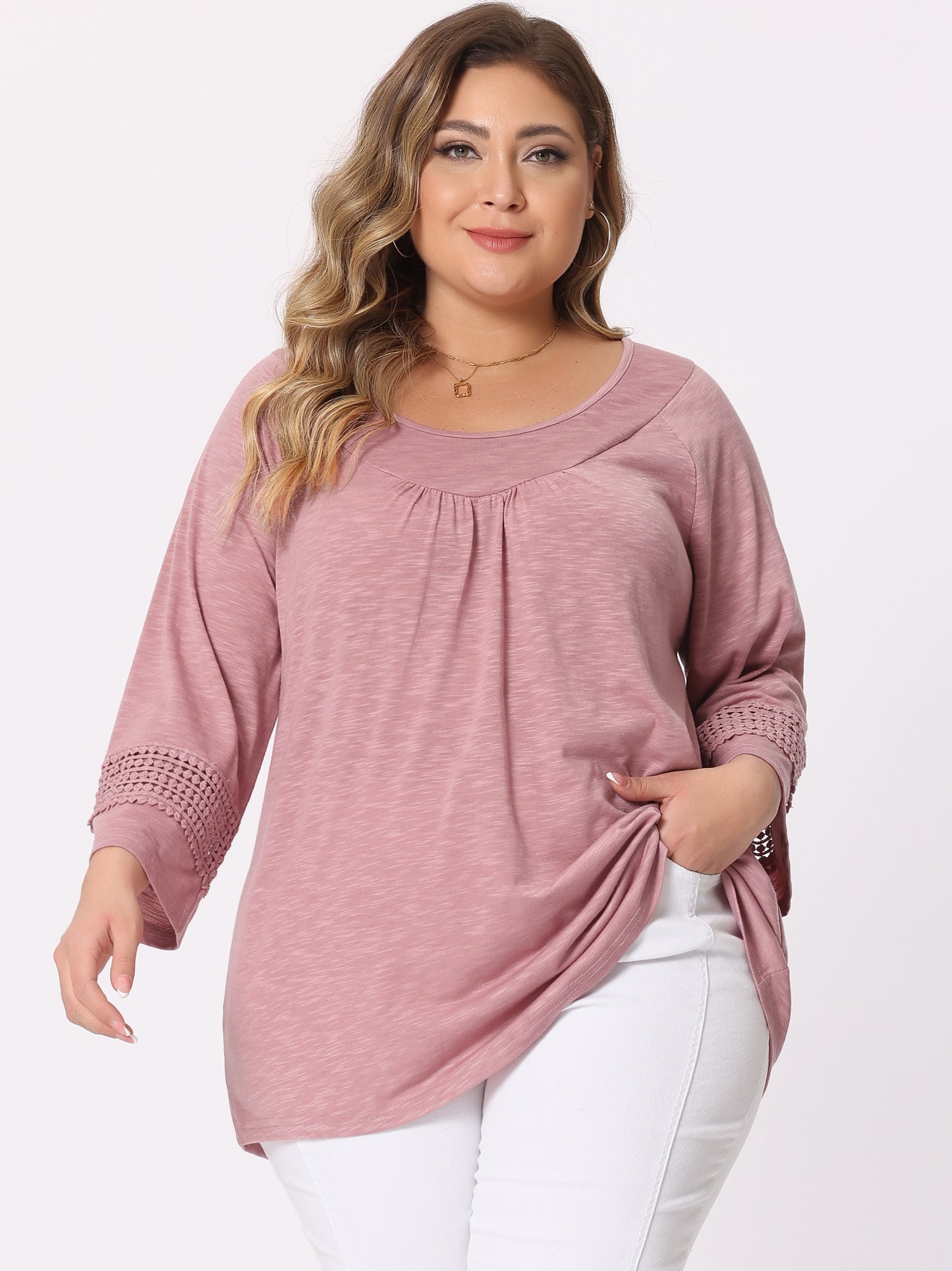 Women's Plus Size Tops Long Sleeve Crochet Panel Hollow Out Pleated Tunics Blouse