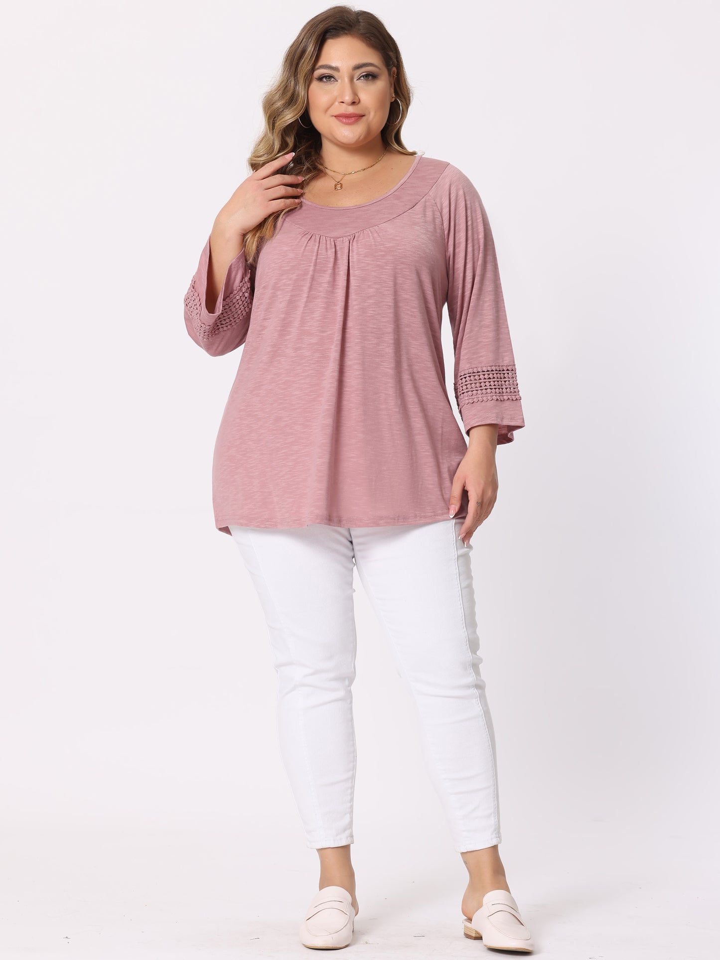 [PACK SALES] Women's Plus Size 2 Pieces Crochet Panel Tops Long Sleeve Hollow Ruched Front Blouses