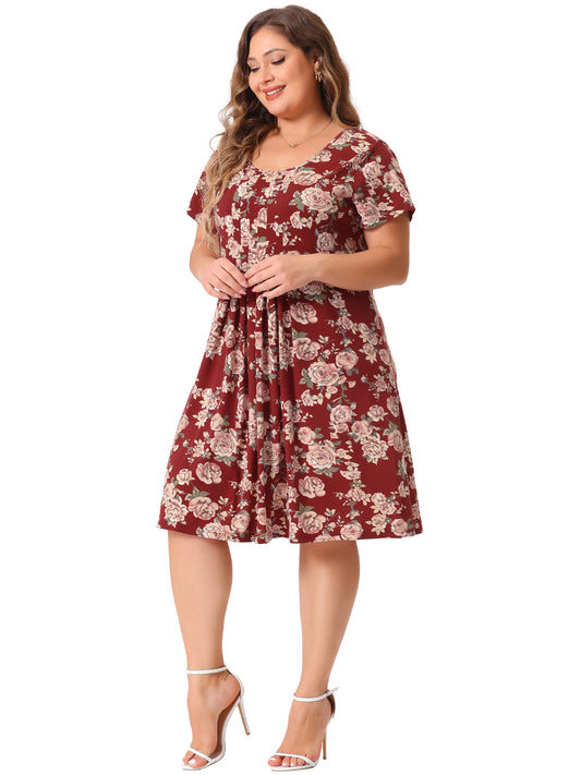 Women Plus Size Short Sleeves Pleated Summer Casual Loose Floral Dress