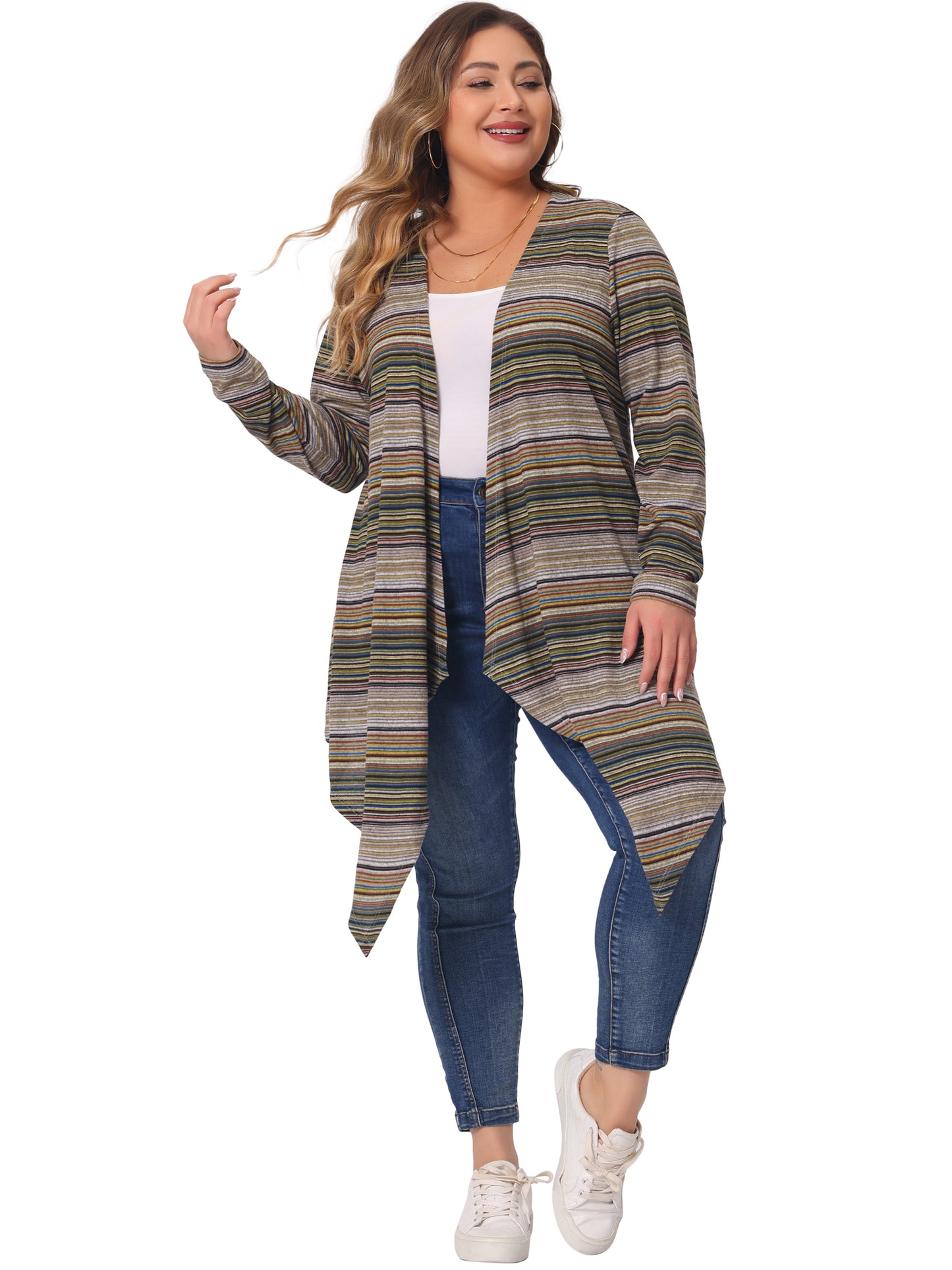 Women's Plus Size Cardigans Kimonos Color Block Boho Striped Open Front Cardigan