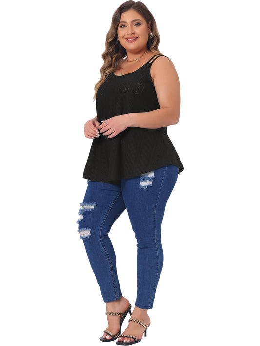 Women Plus Size Tank Tops Eyelet Embroidery Sleeveless Spaghetti Strap Loose Fit Cami Top