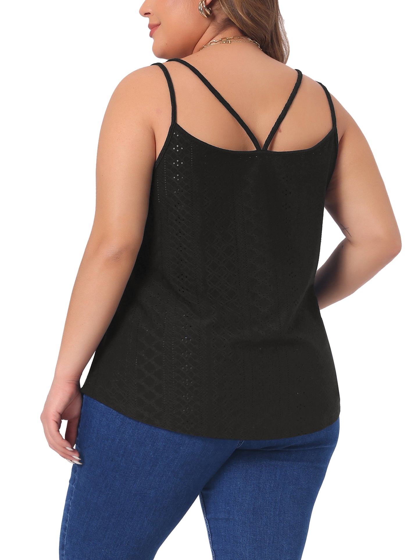 Women Plus Size Tank Tops Eyelet Embroidery Sleeveless Spaghetti Strap Loose Fit Cami Top