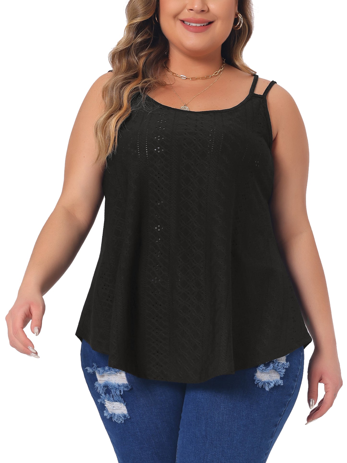 Women Plus Size Tank Tops Eyelet Embroidery Sleeveless Spaghetti Strap Loose Fit Cami Top