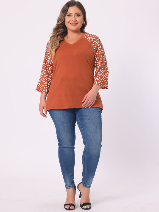 Women's Plus Size Top Casual V Neck 3/4 Sleeve Floral Raglan Top T-Shirt