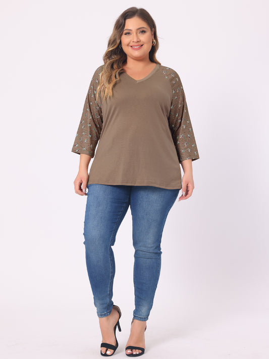 Women's Plus Size Top Casual V Neck 3/4 Sleeve Floral Raglan Top T-Shirt