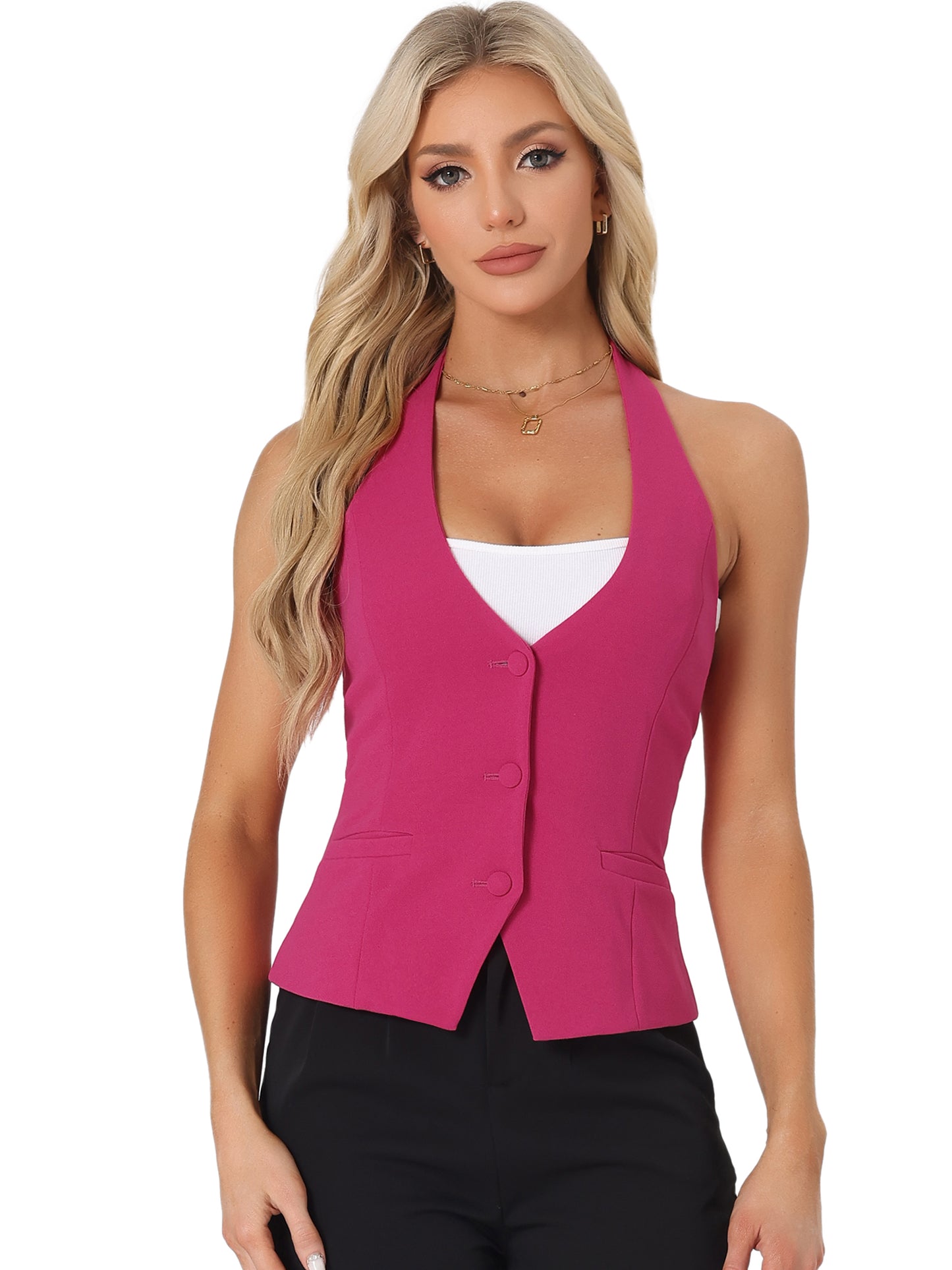 Women's Waistcoat Halter Neck Vintage Sleeveless Button Down Dressy Suit Vest Jacket