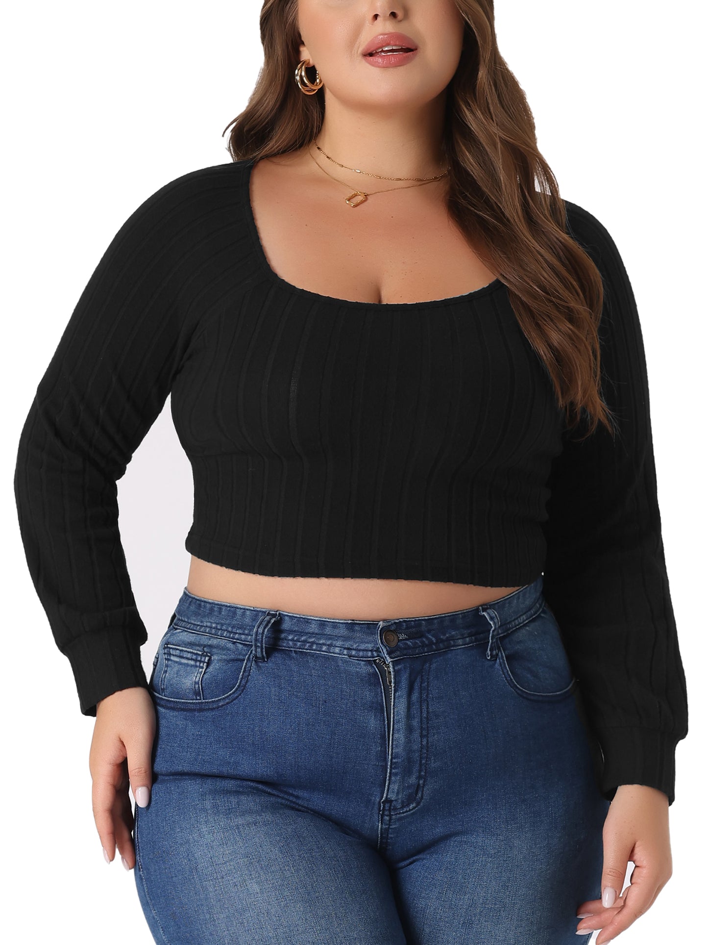 Women Plus Size Top Square Neck Long Sleeve Slim Fitted Casual Basic T-Shirt Crop Tee Top