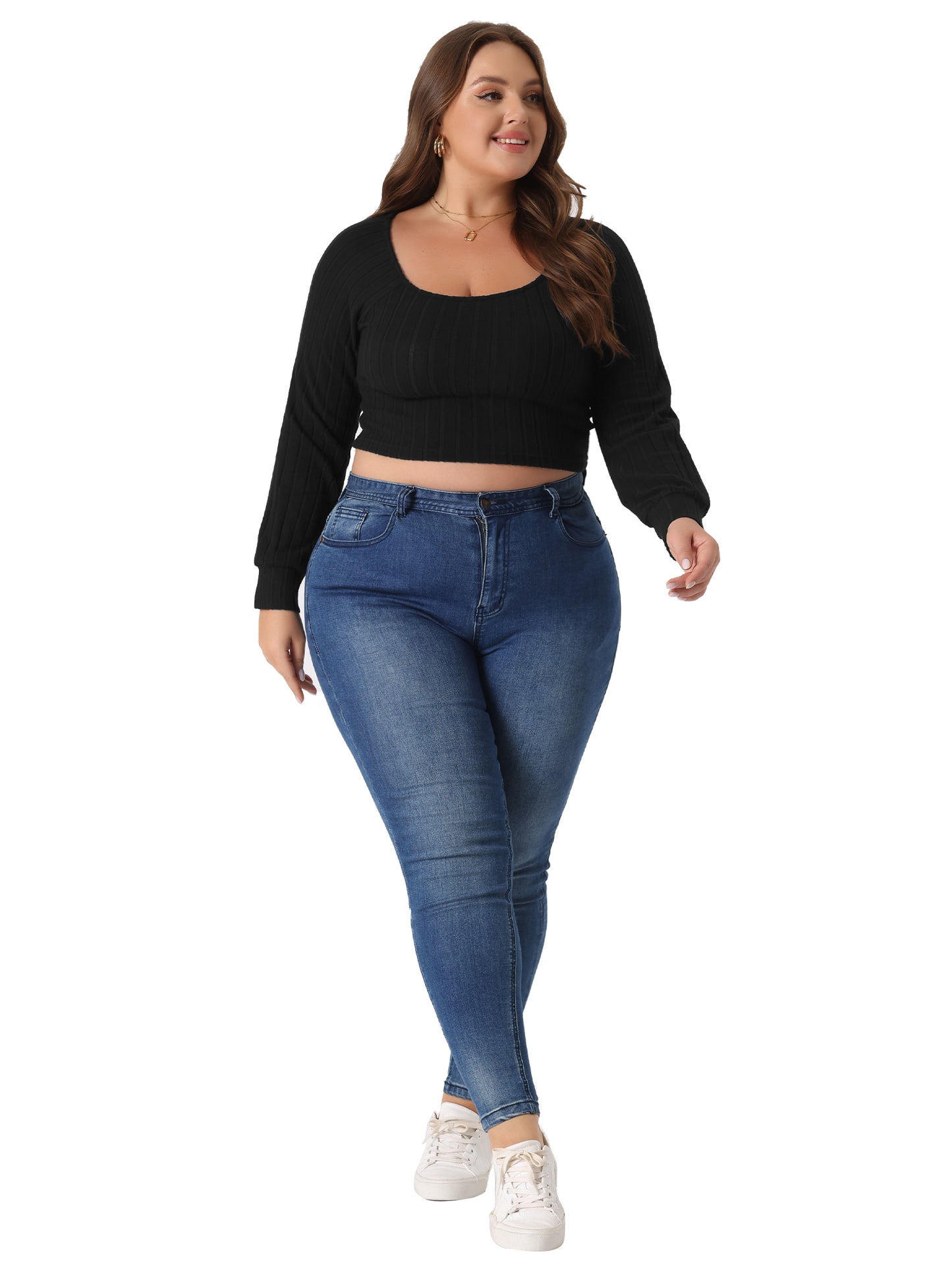 Women Plus Size Top Square Neck Long Sleeve Slim Fitted Casual Basic T-Shirt Crop Tee Top