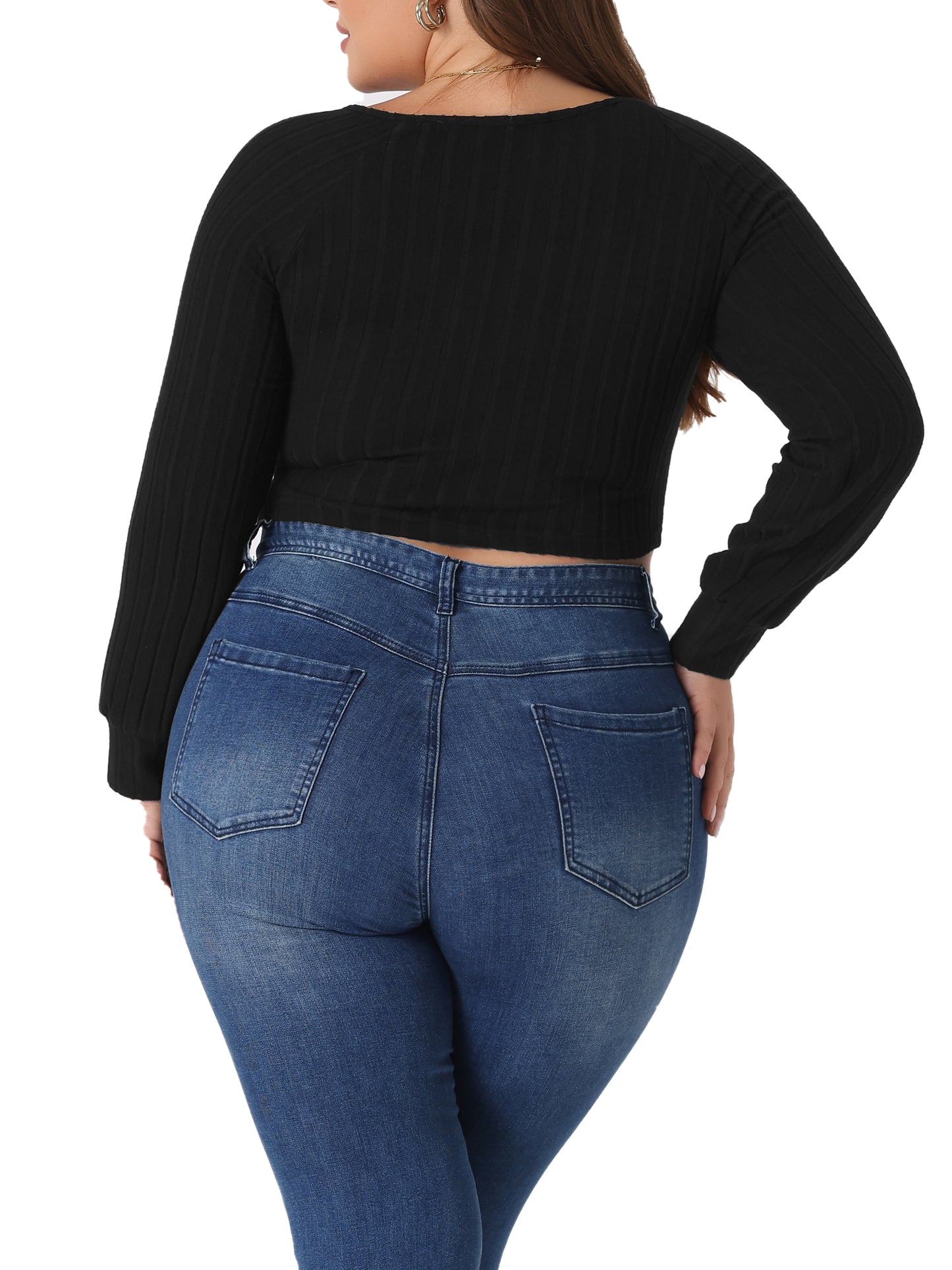 Women Plus Size Top Square Neck Long Sleeve Slim Fitted Casual Basic T-Shirt Crop Tee Top
