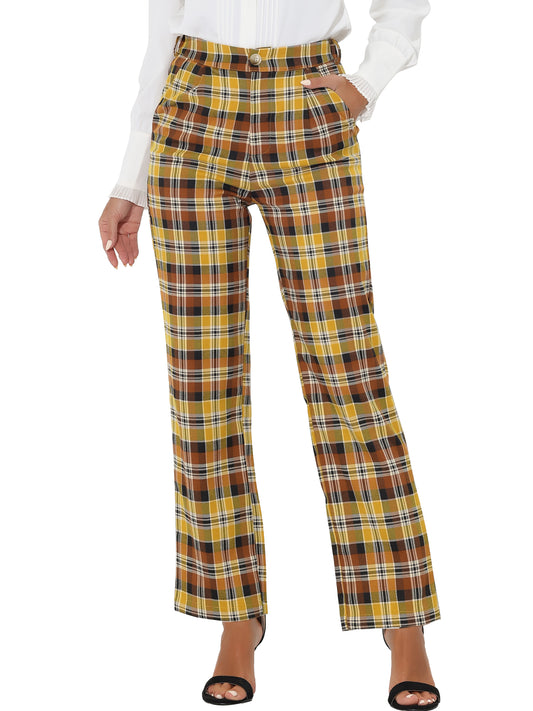 Women's Plaid Pants Elastic Waist Casual Work Office Long Trousers
