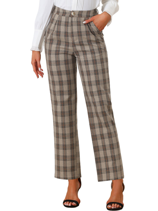 Women's Plaid Pants Elastic Waist Casual Work Office Long Trousers