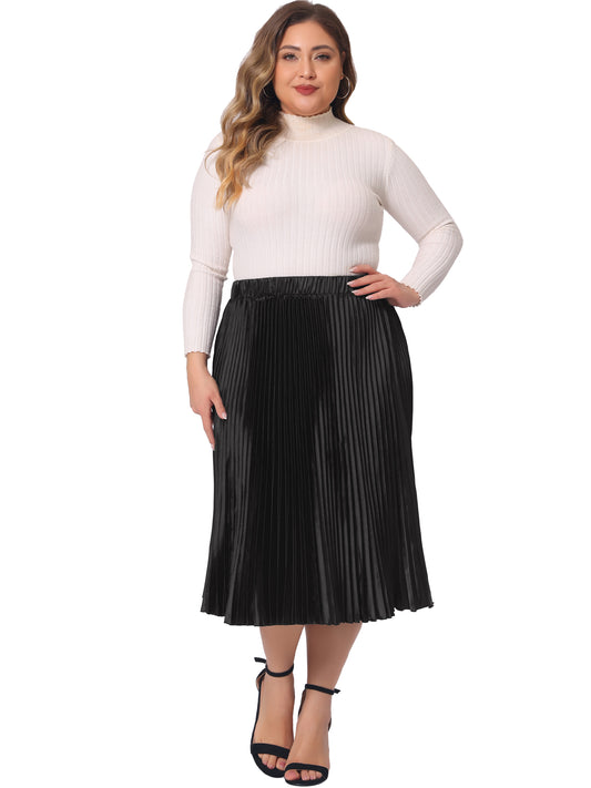 Women Plus Size Skirts Elastic High Waist Party Metallic Shiny Accordion Pleated Midi Skirt