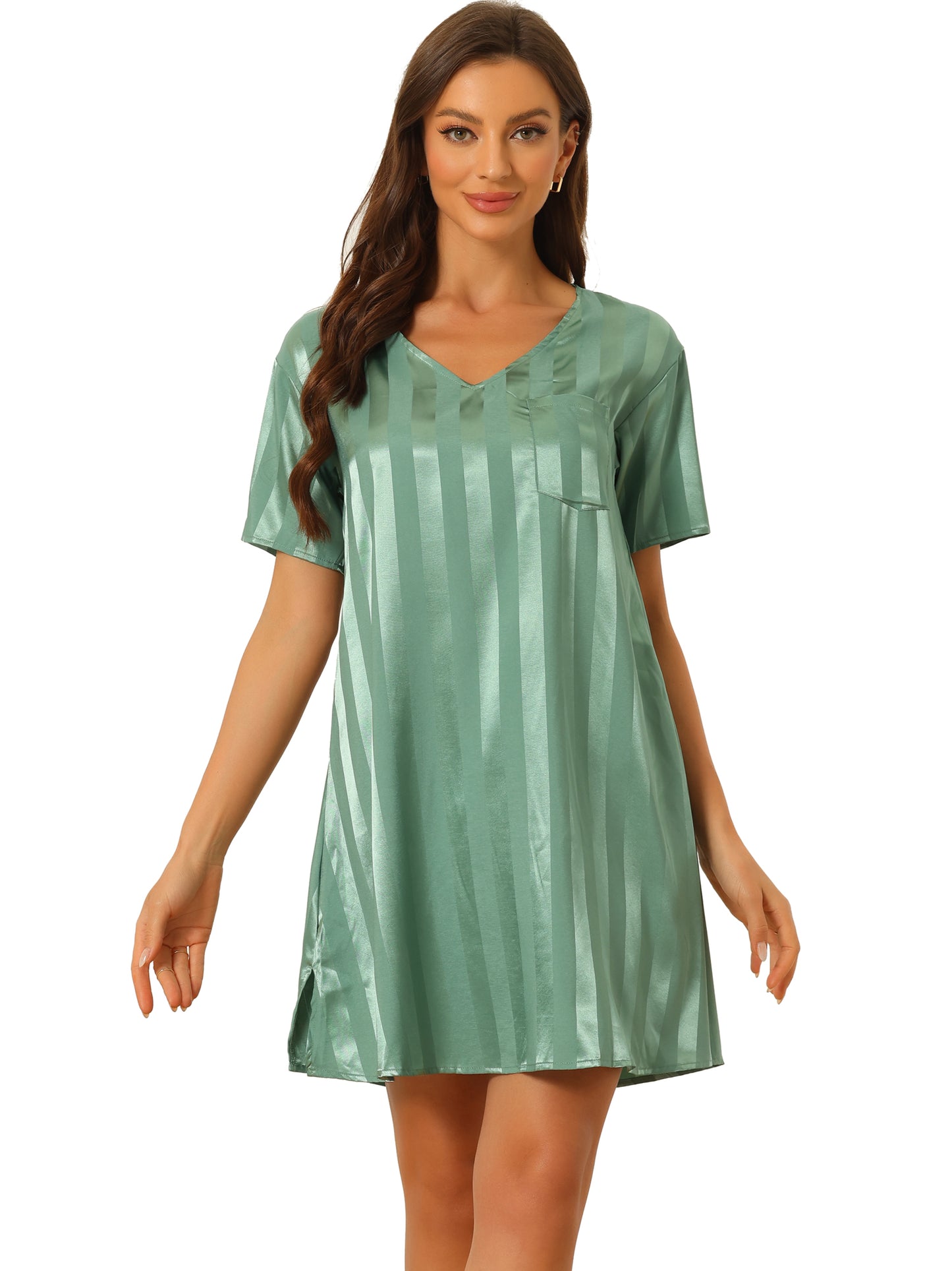 cheibear Pajamas Satin Dress Nightshirt Short Sleeves Lounge Sleepwear Nightgown Green