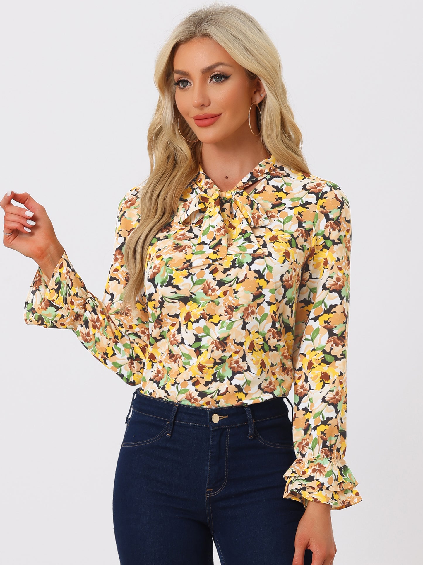 Women's Long Sleeve Blouse Floral Tie Neck Chiffon Ruffle Top
