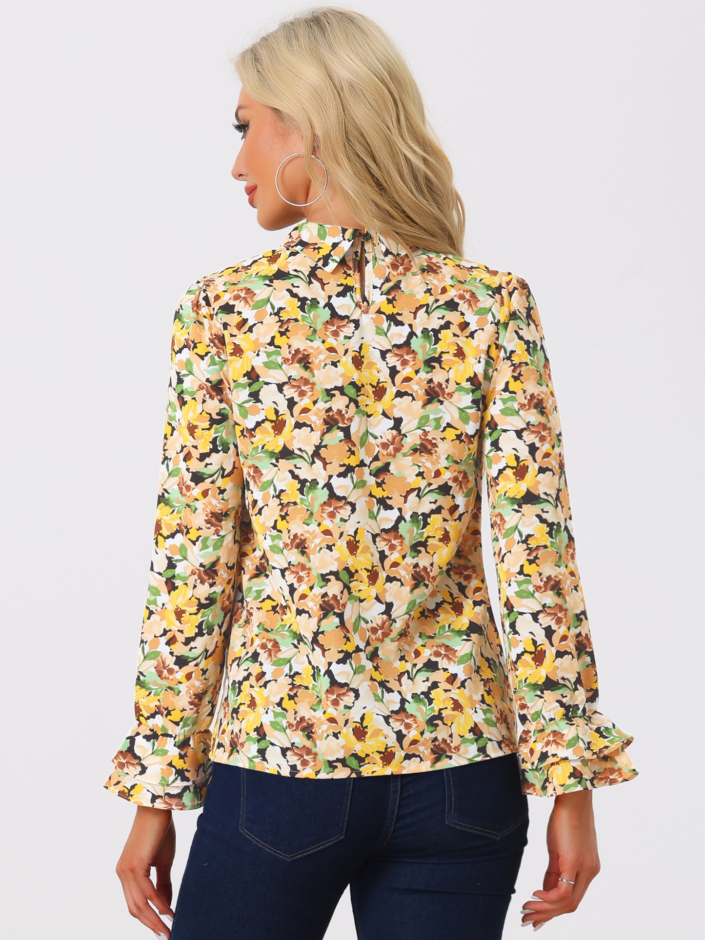 Women's Long Sleeve Blouse Floral Tie Neck Chiffon Ruffle Top