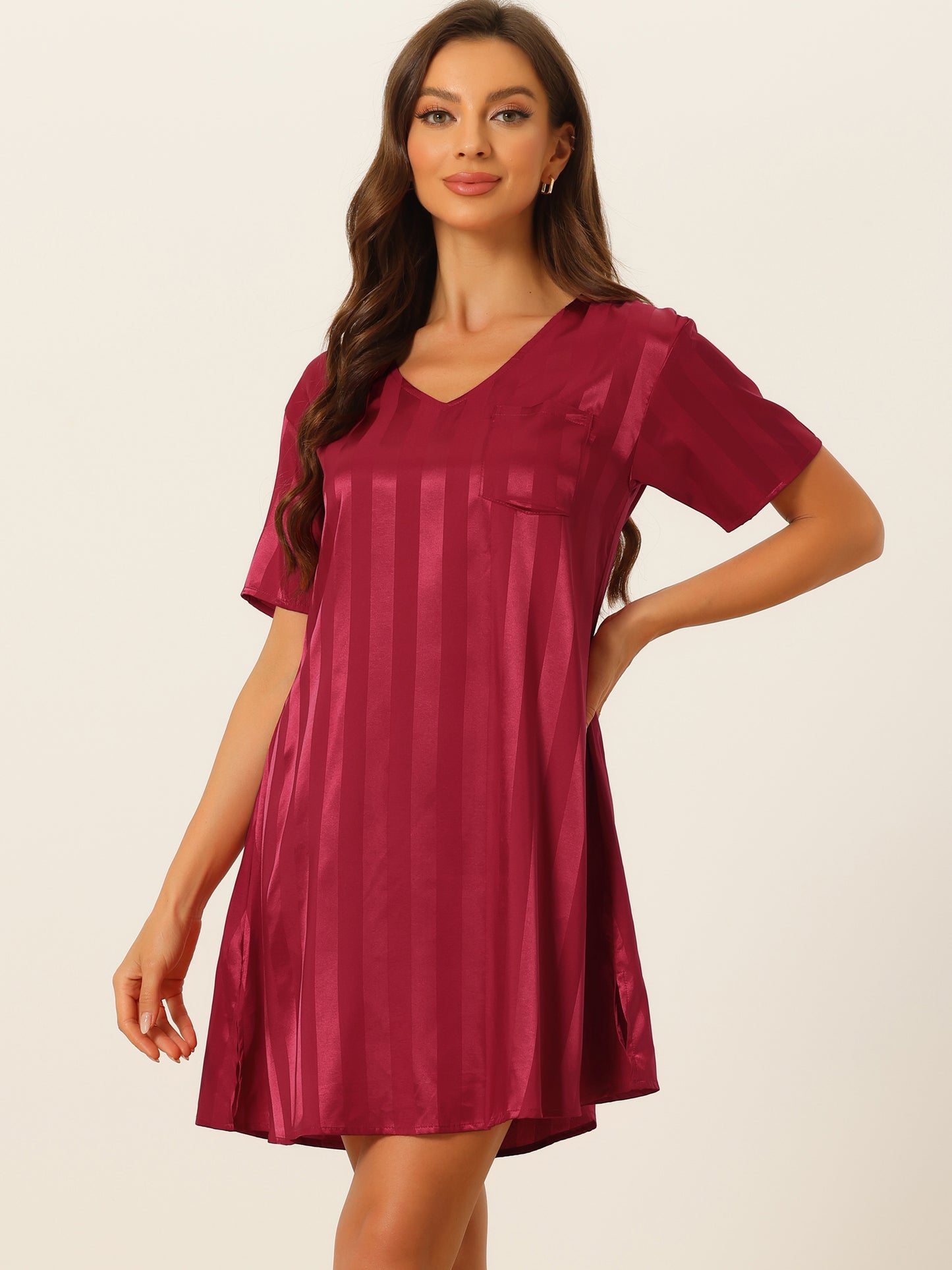 cheibear Pajamas Satin Dress Nightshirt Short Sleeves Lounge Sleepwear Nightgown Wine Red
